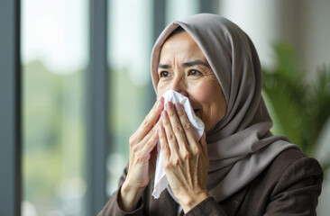 Asian muslim woman with cold sneezing in tissue near window in office. Health care and medicine concept.