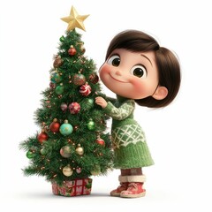 
picture of a girl with a decorated Christmas tree