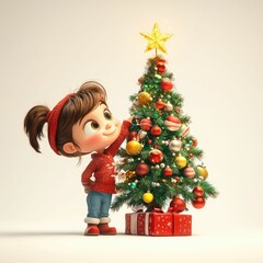 picture of a girl with a decorated Christmas tree
