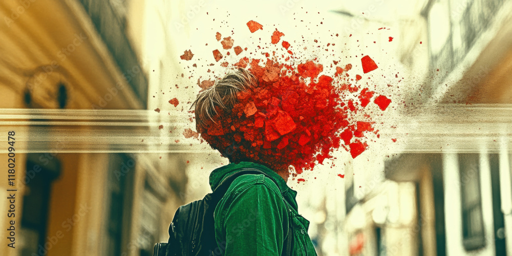 Poster let go of your mind, a high-fidelity image of a figure dissolving into swirling grunge patterns, sho