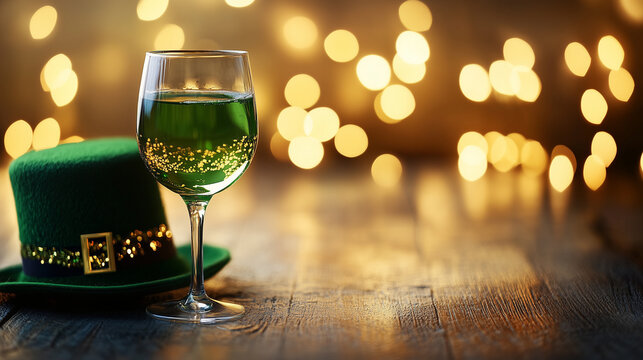 Green wine and leprechaun hat on holiday background with golden bokeh lights. Saint Patrick's Day festive banner. - Powered by Adobe