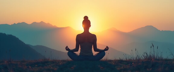 Silhouette of a woman meditating at sunrise in the mountains. A peaceful and serene scene, perfect for mindfulness and relaxation themes.