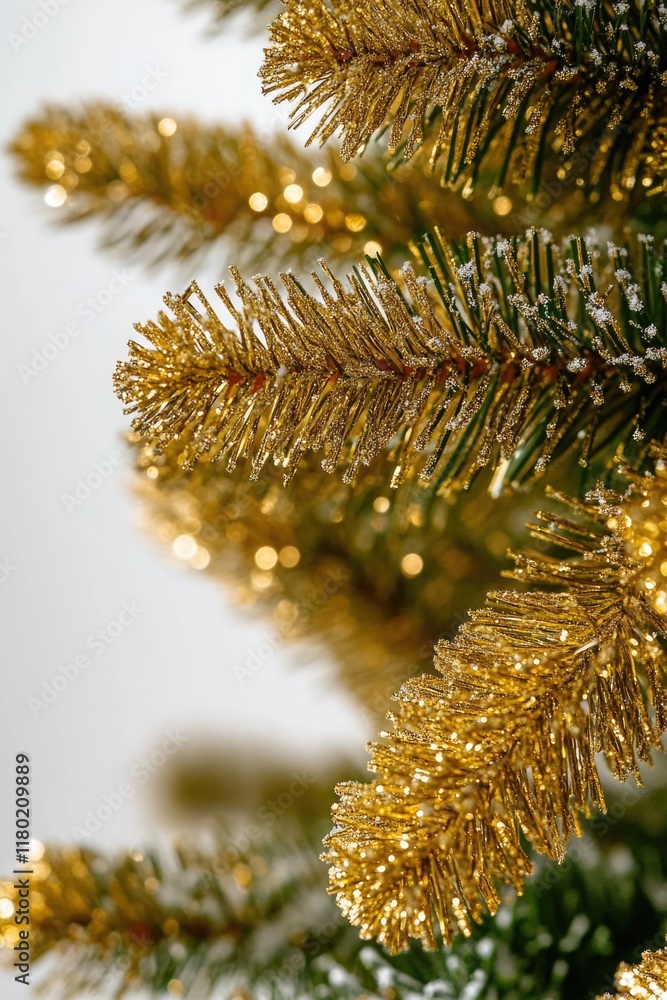 Poster a close-up view of a gold-plated christmas tree with intricate details