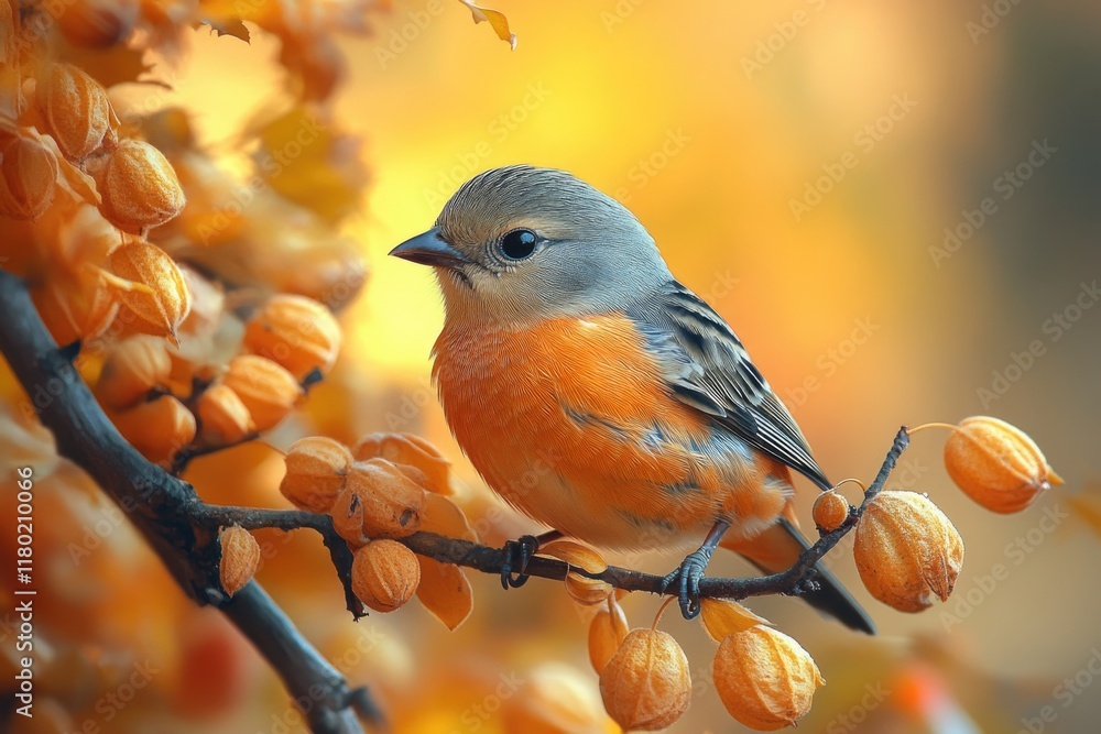 Poster a small bird sitting on a branch of a tree, possibly waiting for food or singing