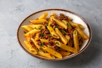 Penne pasta with minced meat and tomato sauce