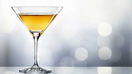   A close-up of a drink in a glass on a table with a blurred background of lights