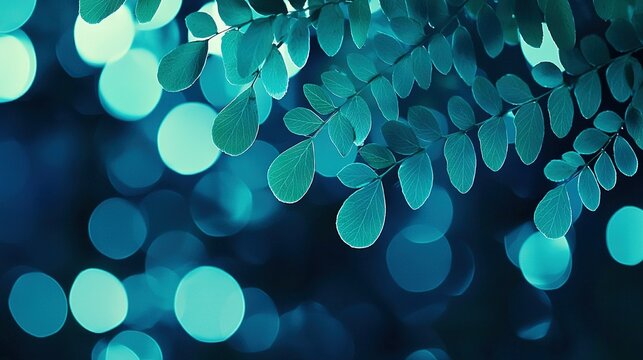   A leafy tree branch, in focus, against a blurred blue-green background