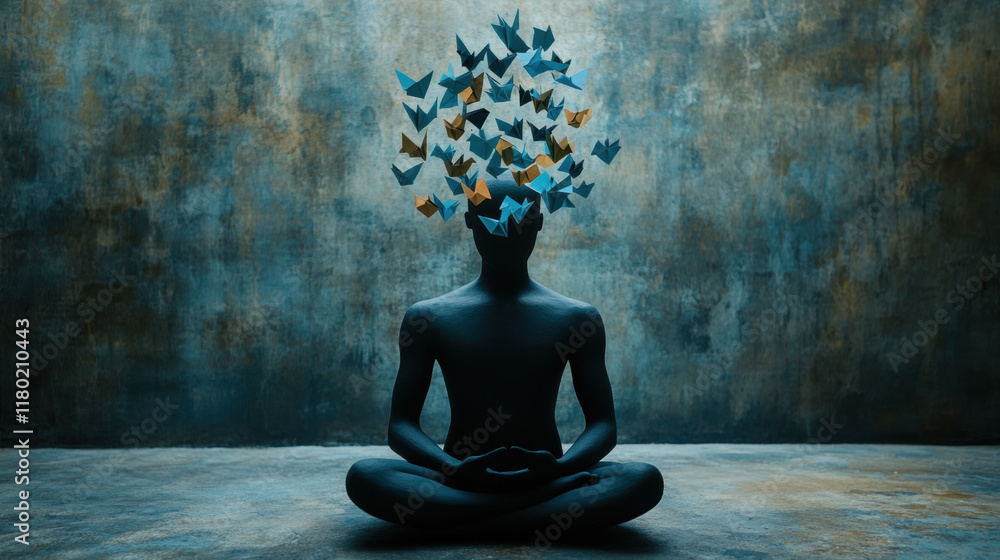 Poster let go of your mind, a digital image of a figure in meditation, focusing on mental fragmentation, pr