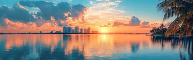Fototapeta premium A panoramic view of a Miami sunrise over the bay, with vibrant colors reflecting on the water.