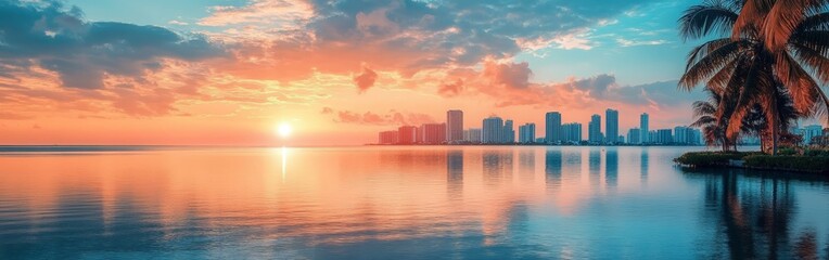 A panoramic view of a Miami sunrise over the bay, with vibrant colors reflecting on the water.