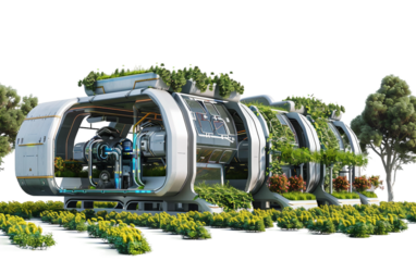 A Futuristic Farm with Automated Harvesting Robots and Advanced Agricultural Technology Isolated on Transparent Background PNG