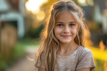 Obraz premium blonde girl smiling outdoors in golden sunlight looking at the camera with freckled cheeks under warm glow concept of lifestyle, education, family