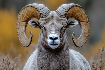 A ram with distinctive horns stands in a green field, suitable for rural or natural scenes