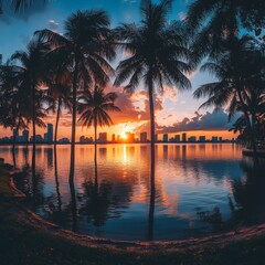 A panoramic view of a Miami sunrise over the bay, with vibrant colors reflecting on the water.