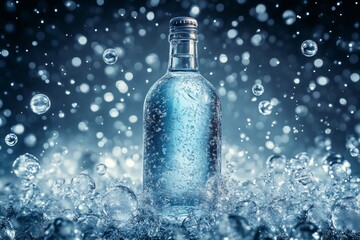 A clear bottle stands prominently surrounded by sparkling ice bubbles. The cool blue tones evoke a sense of freshness and tranquility, creating an eye-catching visual effect