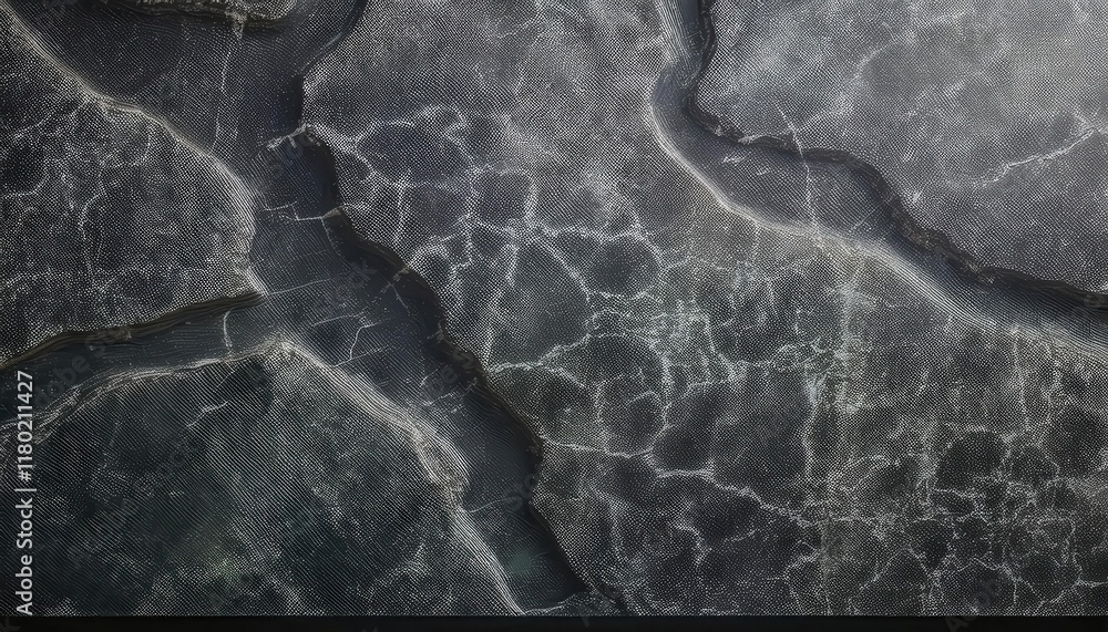 Poster abstract aerial view of cracked stone surface with intricate vein like patterns and dark gray tones for graphic design and texture

