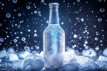A captivating scene presents a bottle encased in sparkling ice bubbles, creating a dynamic contrast against a dark background. The clarity and detail capture an ethereal atmosphere