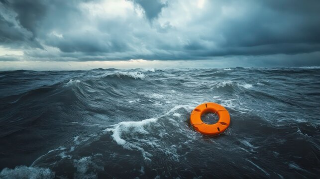 Orange life buoy floating on rough ocean waves under stormy cloudy sky