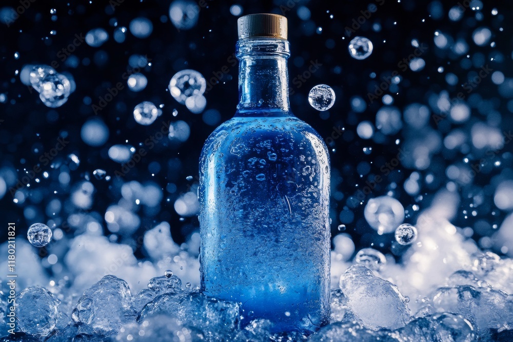 Poster a bottle filled with blue liquid stands prominently in a swarm of sparkling ice bubbles, creating an