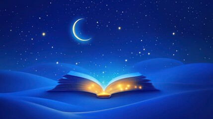 Naklejka premium Open magic book with glowing pages and stars, mystical night sky