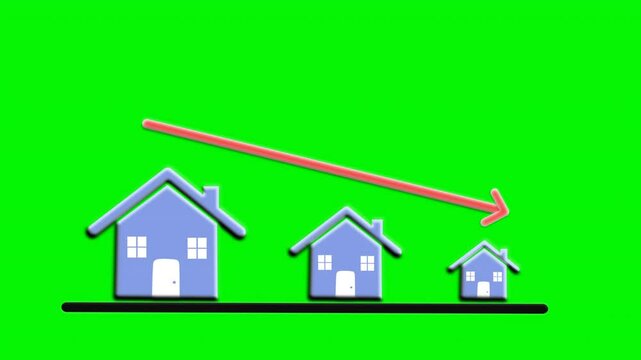 Animated home icon with decreasing price chart, shrinking house size, and downward arrow on a green background. Ideal for real estate risk visuals and housing market decline concepts.