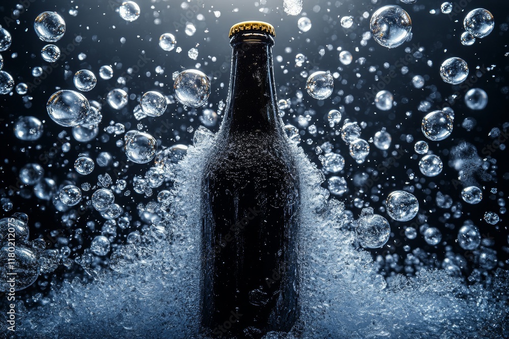 Poster a dark bottle stands prominently amid a swirling mass of ice bubbles, creating a captivating visual 