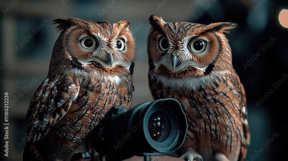 Poster two owls perched on top of a camera