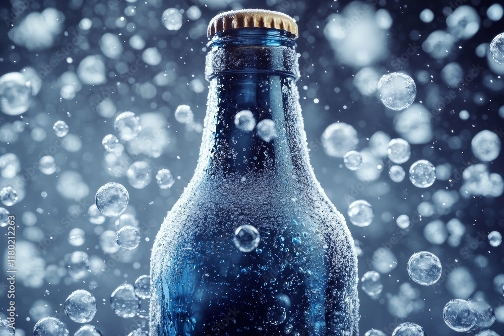 Poster an enchanting depiction shows a bottle enveloped in shimmering ice bubbles, glistening under dynamic
