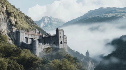 Naklejka premium Majestic Mountaintop Castle in Misty Landscape