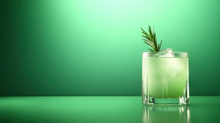   A macro shot of a drink inside a stemmed glass, featuring a lush foliage protruding from its brim