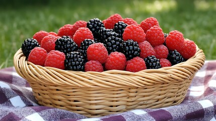 A basket of freshly picked raspberries and blackberries arranged on a checkered picnic blanket 