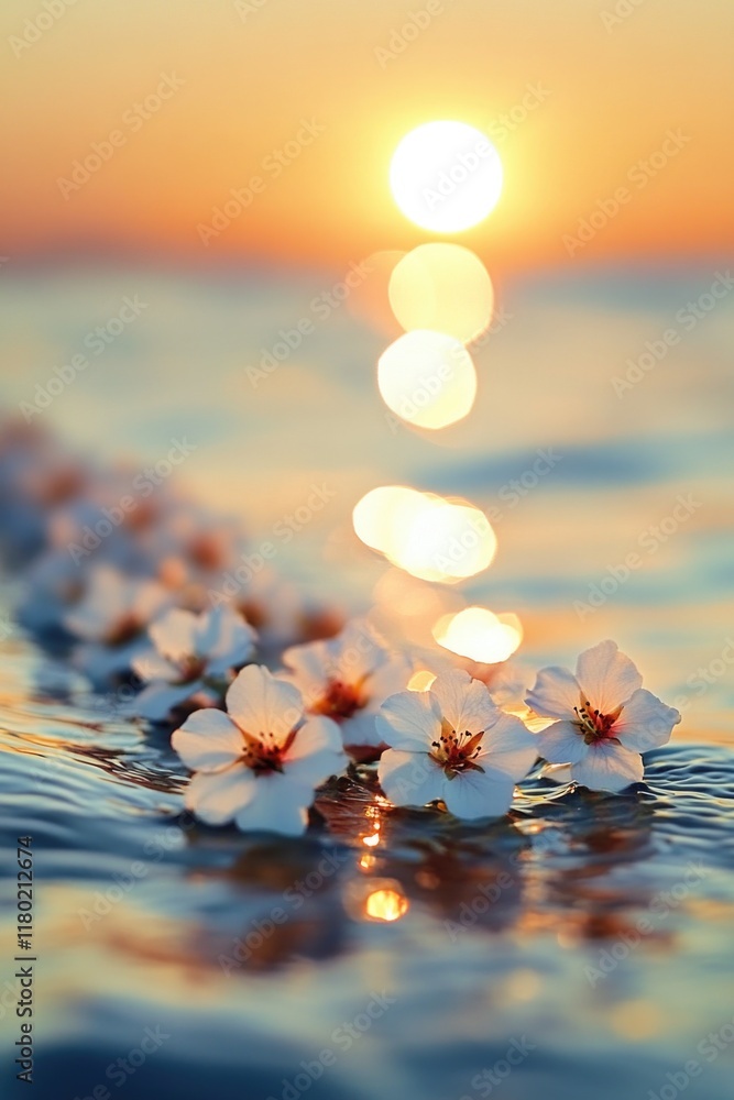 Poster a peaceful scene with flowers floating on the water's surface, great for relaxation and serenity con