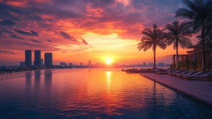 A panoramic view of a Miami sunrise over the bay, with vibrant colors reflecting on the water.