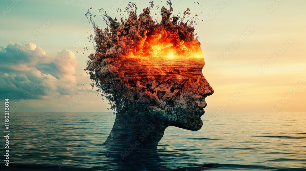 Poster let go of your mind, a surreal image of a dissolving head merging into water ripples with a glowing 