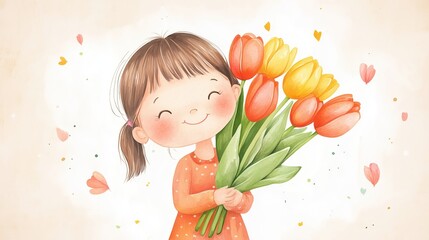 Little girl happily holding a colorful bouquet of tulips in a cheerful setting with hearts and flowers