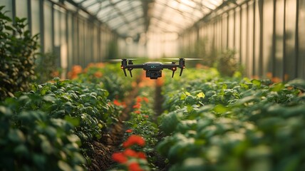 Naklejka premium Drone Hovering Over a Tomato Greenhouse