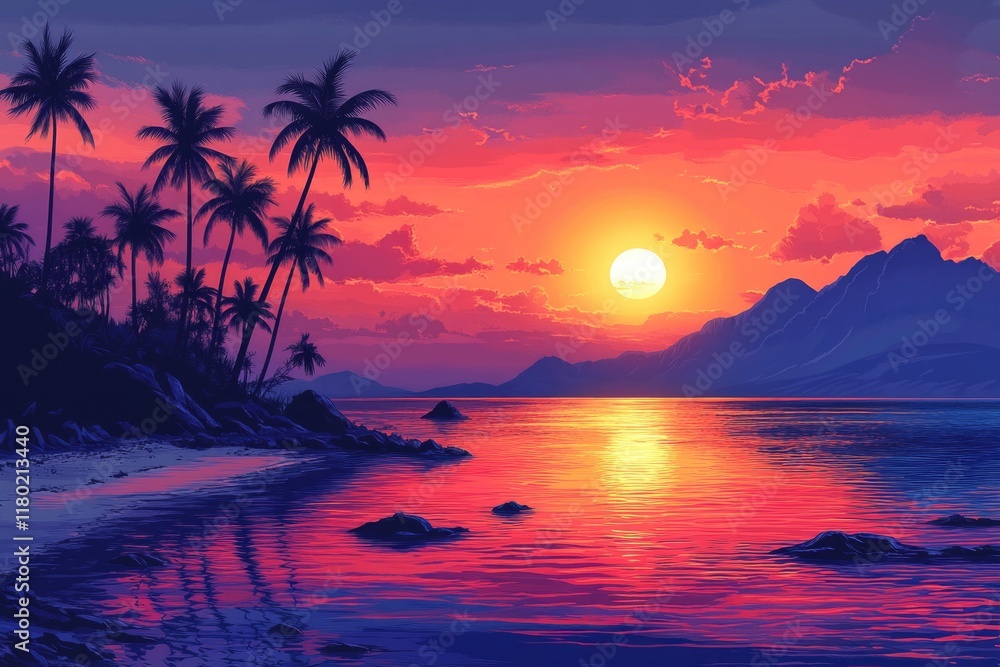 Poster a serene scene of a sunset on a tropical beach with calm waters and palm trees