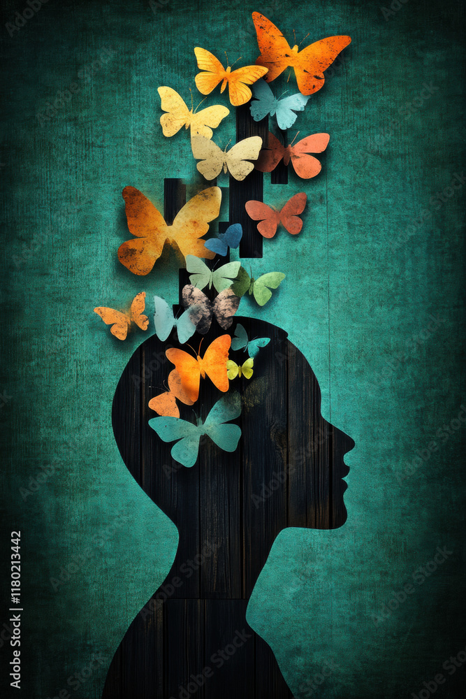 Poster let go of your mind, a surreal image of a head floating upward, enveloped in a glowing aura, creatin