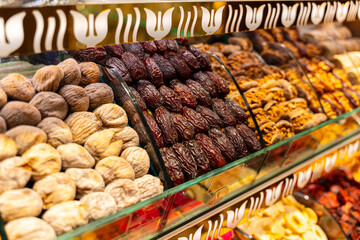 Dates, figs and walnuts are sold at a Turkish bazaar (Mısır Çarşısı, Egyptian Bazaar, Istanbul)