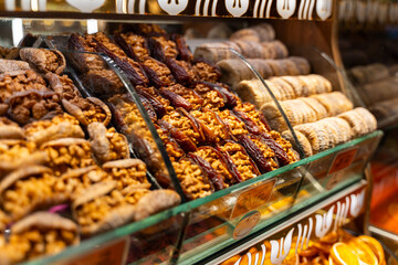 Dates, figs and walnuts are sold at a Turkish bazaar (Mısır Çarşısı, Egyptian Bazaar, Istanbul)