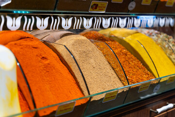 Colorful spices on sale at a Turkish bazaar (Mısır Çarşısı, Egyptian Bazaar, Istanbul)