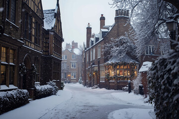 A snowy street in a small town with a lot of snow on the ground