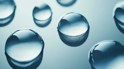  A collection of water droplets resting atop a white countertop amidst a blue backdrop