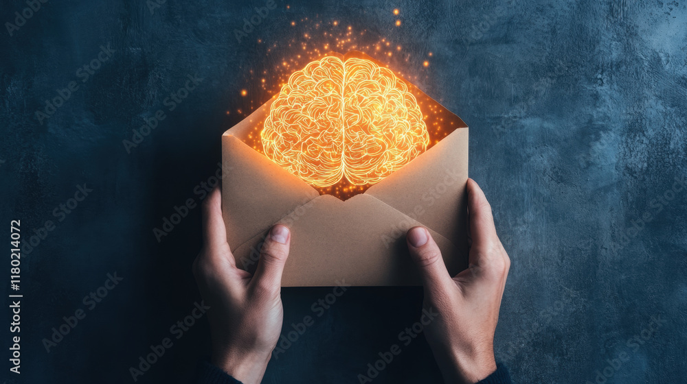 Poster let go of your mind, a high-fidelity image depicting hands tearing open a brain-shaped envelope, sho