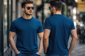 Fototapeta premium A stylish young man in a blue color T-shirt mockup and sunglasses, standing outdoors. He is facing both front and back, showcasing a casual yet trendy look. 