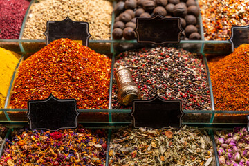 Colorful spices on sale at a Turkish bazaar (Mısır Çarşısı, Egyptian Bazaar, Istanbul)