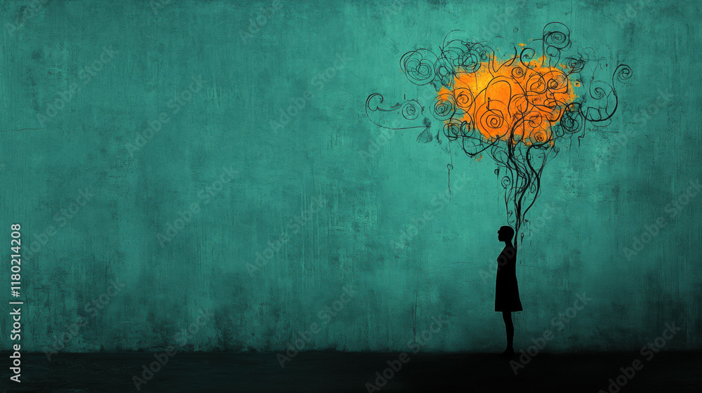 Poster let go of your mind, a person stands under a glowing tree, with branches illuminated in a high-fidel