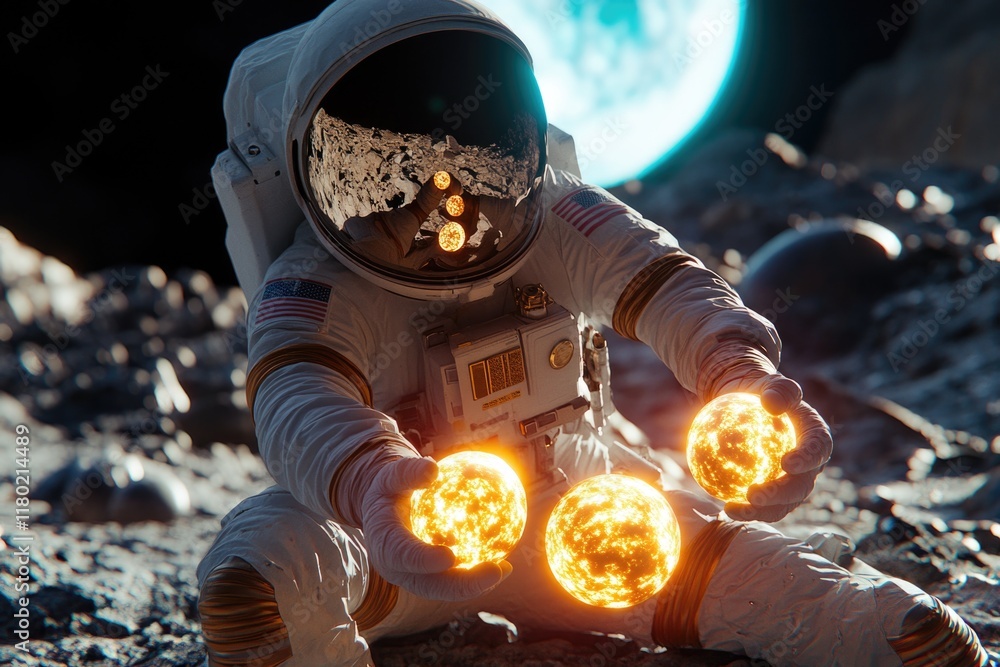 Poster an astronaut sits on the ground surrounded by three glowing orbs, a unique and otherworldly scene
