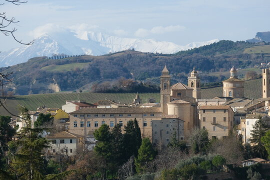 Panoramic view over the medieval town of Offida with Appennine mountains, Ascoli Piceno Province, Marche region, Italy