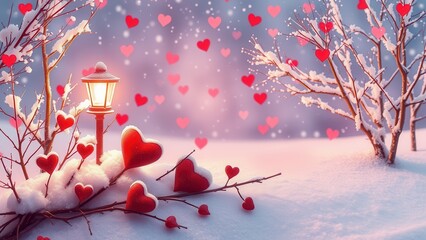 Romantic background with hearts on snow.